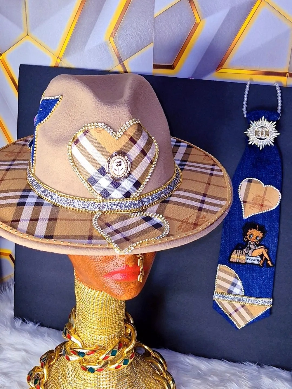 Tan Plaid Heart Fedora Hat with Matching Navy Tie